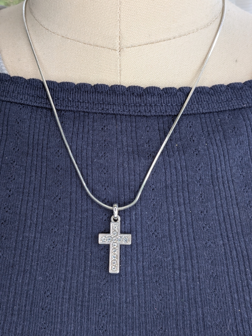 Silver-Tone Pavé Rhinestone Cross Pendant Snake Chain Necklace